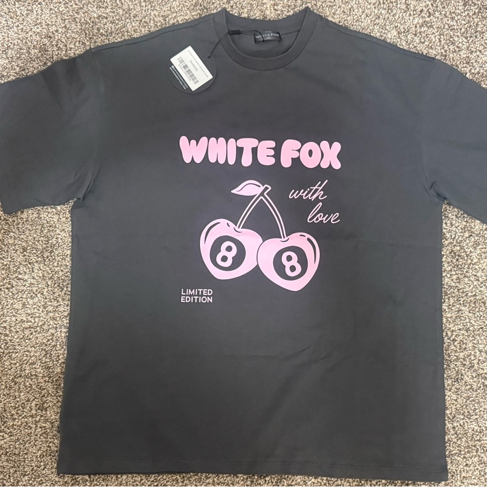White Fox Boutique Dark Gray Tee with Pink Cherry Design